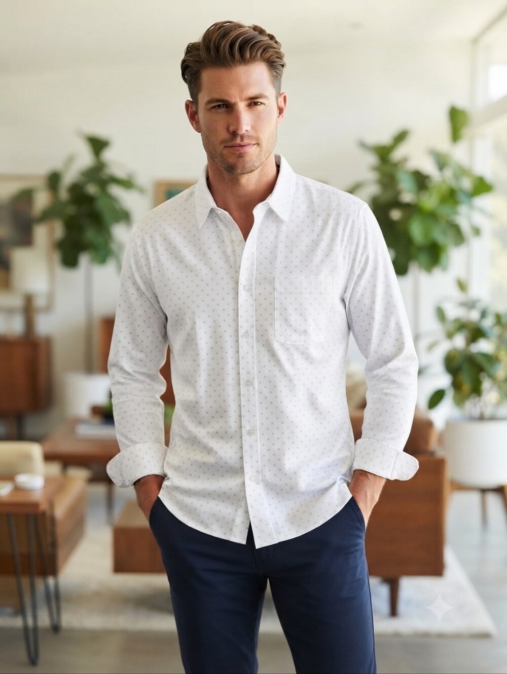 Travis Mathew Men’s White Micro-Dot Long-Sleeve Button-Down Shirt, Size XL